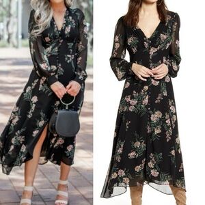 ASTR Floral Long Sleeve Midi Dress Black Pink Green Floral Sheer Button Medium
